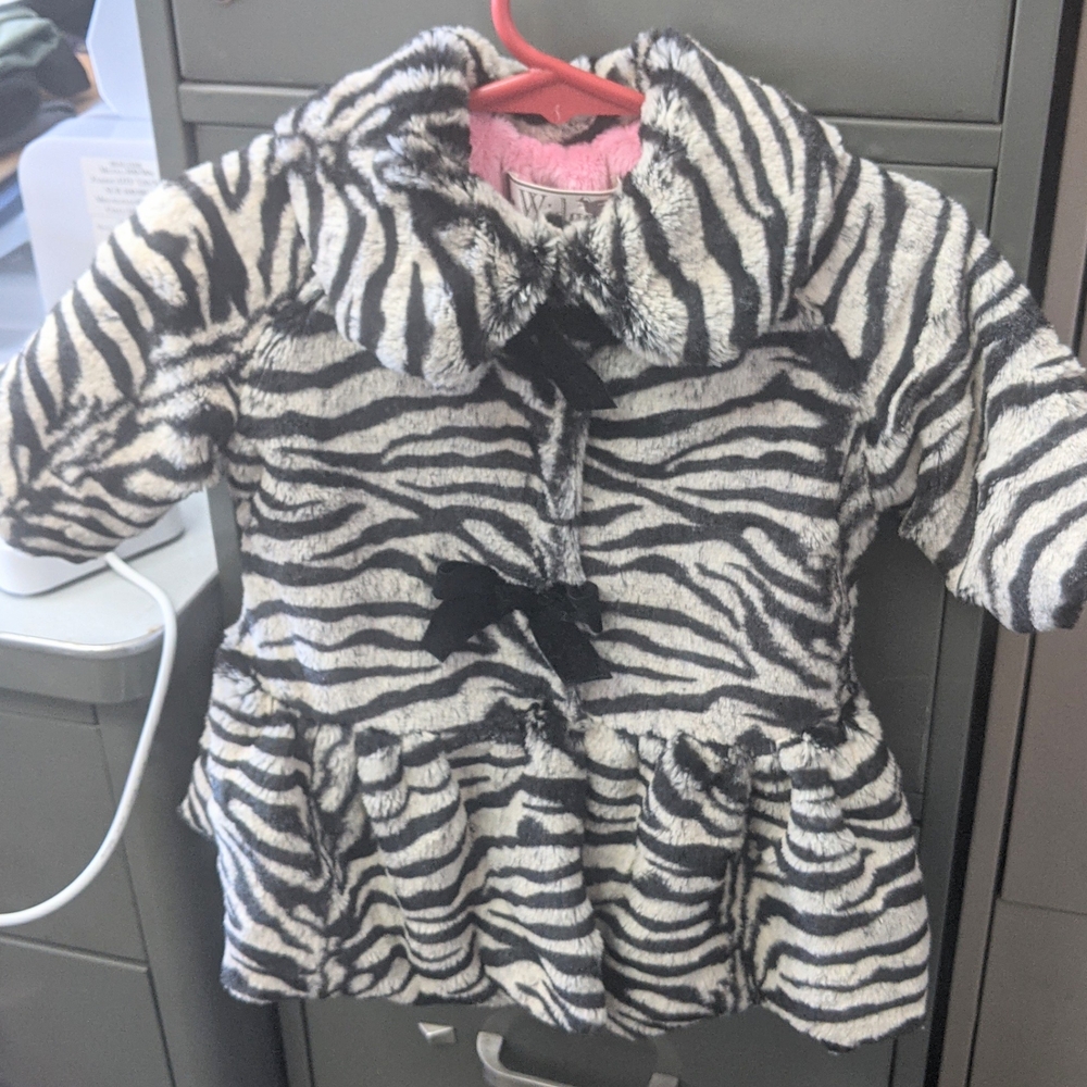 Zebra Print Faux Fur Jacket with Black Bows And Pink Interior